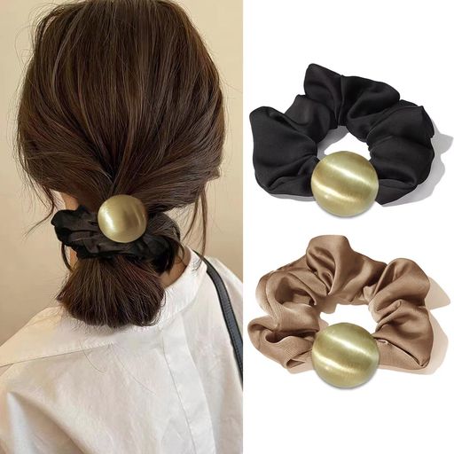 FUYUNOHI ヘアゴム シュシュ 2個セット 金属 ゴム 跡がつかないヘアゴム 髪ゴム おしゃれ 髪留め ヘアアクセサリー ヘアゴム 大人 シュシュ セット ヘアアレンジ 美髪シュシュ レディース ビューティー ブラック ブラウン
