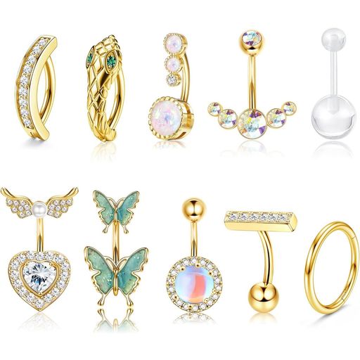 [JSTYLE]10点へそピアスへそリングフープサージカルスチールムーンストーンへそピアスユニークスネーククリッカーボタンバー女性用ボディピアスジュエリー14G(ゴールド)