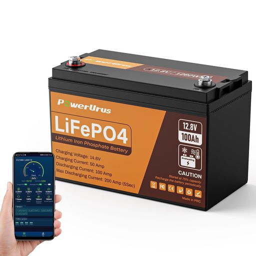 POWERURUS 12V 100AHセルフヒーティングLIFEPO4リチウムバッテリーは、スマートアプリとともに提供され、4000〜8000サイクルのLIFEPO4バッテリーを持ち、内蔵の100A