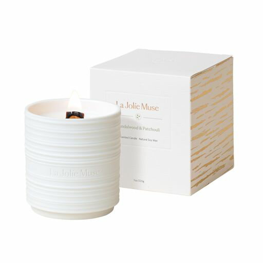 LA JOLIE MUSE アロマキャンドル サンダルウッドとパチョリの香り 木芯 天然ソイワックス 陶器缶 220G 燃焼時間50時間 女性向け ギフト