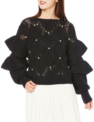 [リリーブラウン] 透かし編みパールニットトップス LWNT214808 レディース BLK F(4)