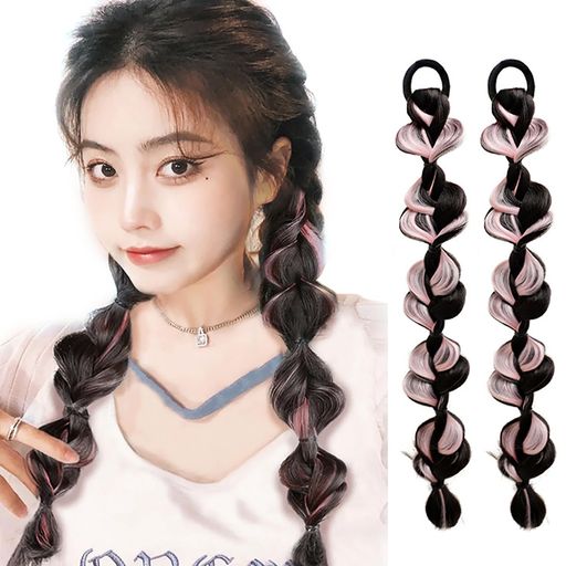 ADOFUN 三つ編み ウィッグ ヘアエクステ 三つ編み 編み込み エクステンション 高温毛素材を使用 バブル三つ編み ダブルテールヘアエクステンション キュートでナチュラル ダンス 発表会 イベント コスプレ ハロウィン (ピンク)