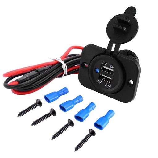 汎用・耐水デュアルUSB充電器 ブルーLEDランプ 電源出力ソケット12V~24V 出力 5V/2.1A & 1.0A ボート/バイク/芝刈り機/トラクター/RV車/四輪バギー/船舶対応高速充電器 配線接続用キット付き