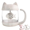 BIGNOSEDEER 猫カップ 茶こし付きティーマグ キャット コーヒーマグ コーヒーカップ(ガラス製マグカップ、蓋、茶漉し付) (白)