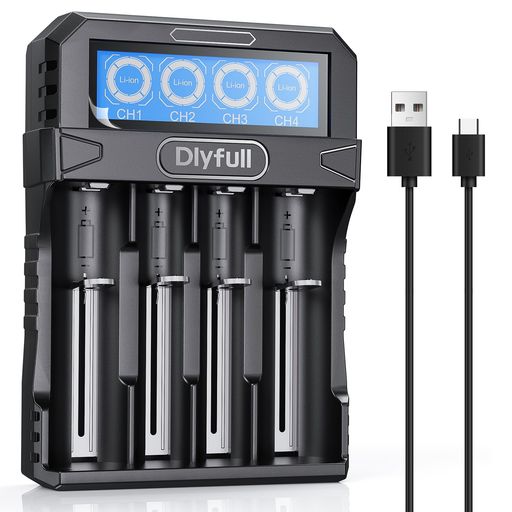 DLYFULL 18650 充電器 リチウムイオン電池 充電器、LCD表示 4スロット 3.7Vリチウムイオン電池 10340 16340 18650 21700 26650リチウムイオン電池に対応 急速充電器 18650 USB TYPE C