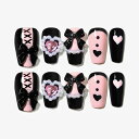 SUN&BEAM NAILS 手作り ネイルチップ ミディアム ロング コフィン バレリーナ トラペゾイド ネイル デザイン つけ爪 ピンク くろいろ リボン おしゃれ 付け爪 10枚入(#149 XS)