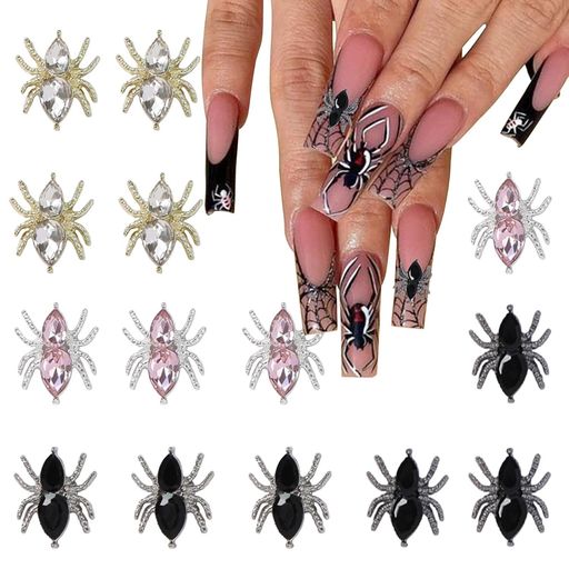 ネイルパーツパンク3D合金スパイダーネイルチャームハロウィンネイルアートチャームクリスタルブラックピンクホワイト宝石ラインストーンネイルアクセサリー女性用ネイルデコレーシ…
