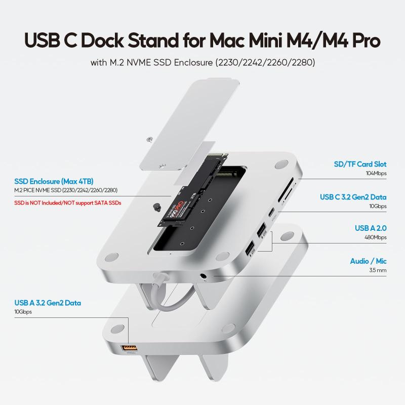 8 in 1 USB C ハブ Mac Mini M4/ M4 Pro 2024用 スタンド 縦置き 1 x USBC/USBA 3.2 Gen 2 10Gbps, 2 x USB-A 2.0, 1 x 3.5mm Audio &amp; Mic, 1