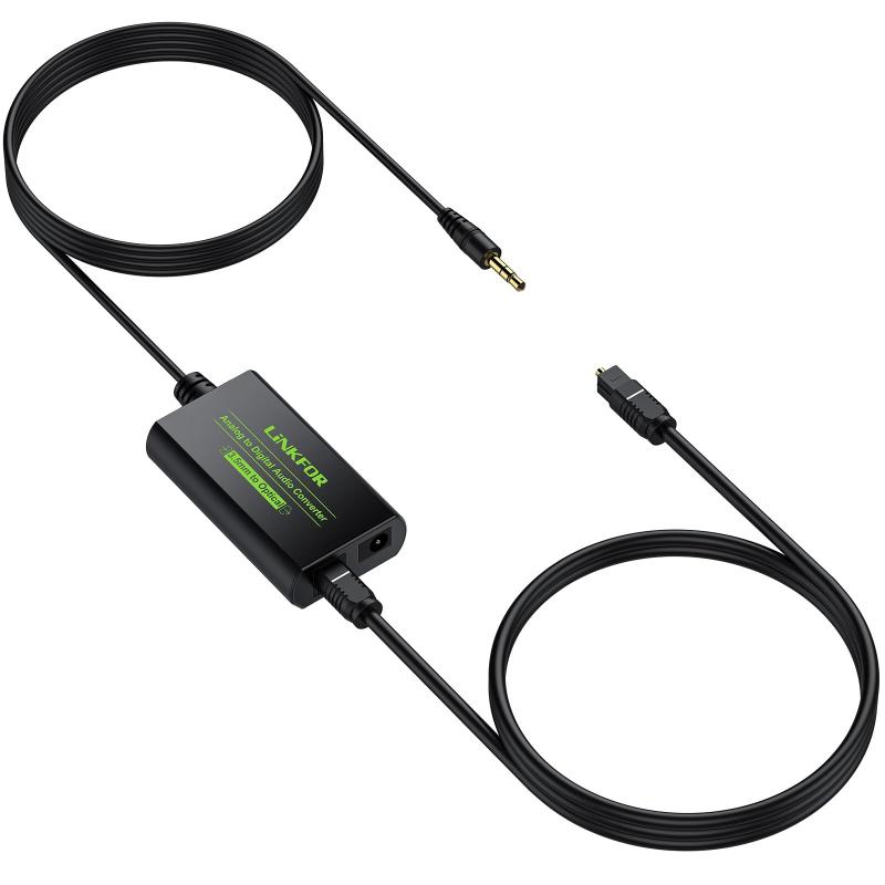 アナログ to デジタル 音声変換器 3.5mmヘッドホン to 光デジタル コンバーター 48KHz対応 3.5mmケーブル内蔵 光ケーブル付属【3.5mm ヘッドホン to 光デジタル音声変換器】本製品は3.5mmヘッドフォンアナログオーディオ信号をToslink Spdif光ファイバーデジタルオーディオに変換します。（注：デジタルtoアナログへのオーディオコンバーターでは。）【デジタル音声信号出力】非圧縮2チャンネルPCMデジタル音声信号出力をサポート。（注：Dolby Digital、DTS 5.1、Dolby-AC3などの5.1チャンネル信号には対応していませんので、音声出力はPCMまたはLPCMに設定してください。）【48KHz対応】出力サンプリングレートは48 kHzの出力サンプリングレートをサポートします。【小型で軽量】小型・軽量、1.2mの3.5mmケーブルを内蔵しているので、ヘッドホンケーブルの接続を追加することなく、オーディオに直接接続することができます。より便利な接続とインストール、スペースを占有しません。【プラグ＆プレイ】プラグ＆プレイ、簡単なインストールと操作で、テレビ、パソコン、プロジェクター、ゲーム機、サウンドバー、ホームシアターシステム、光レシーバーで完璧に動作します。
