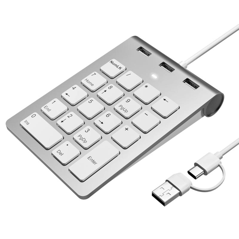 テンキー 有線 薄型 18キー mac テンキーボードき テンキーパンタグラフType-C/USB A ミニキーボード ハブ 3つのUSB 2.0ポートを装備 mac テンキー 片手デバイス 外部 PC/Laptop/Windows/iOS/Androi