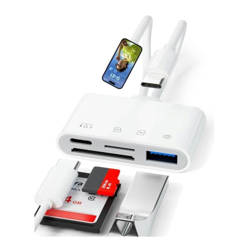 iPhone iPad用SDカードリーダー 4-in-2 ning - USBアダプタ SD/TFカード/タイプCオーディオアダプタ/PD60W充電/USB 3.0アダプタ iPhone用メモリカードリーダー15/14/13/12/11