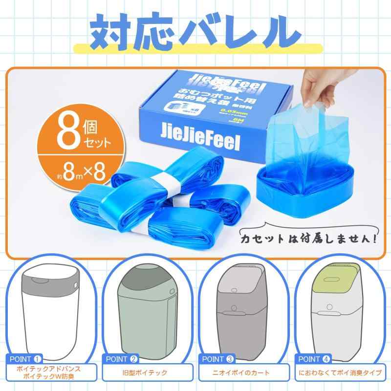 おむつゴミ箱 互換 ポイテック 旧型ポイテック ニオイポイのカートリッジ 使用可能 7層防臭 厚み0.03mm 長さ8M (ブルー, 8個入)