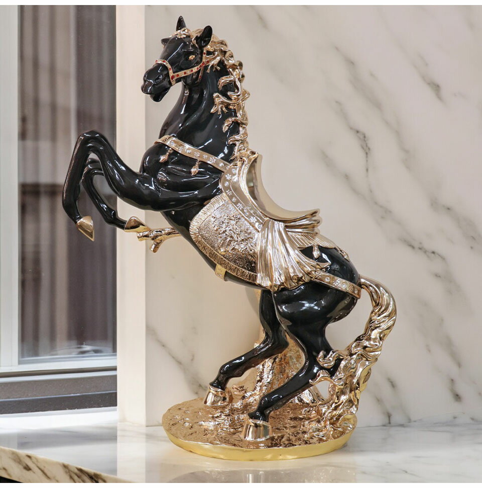 [P2倍]10月27日(木)9:59まで 跳ね馬 置物 馬の置物 幅58cm 開運 風水 立ち馬 黒馬 オーナメント インテリア 高級 キラキラ 縁起 うま 玄関 縁起物 シルバー 黒 ブラック 陶器 [2]