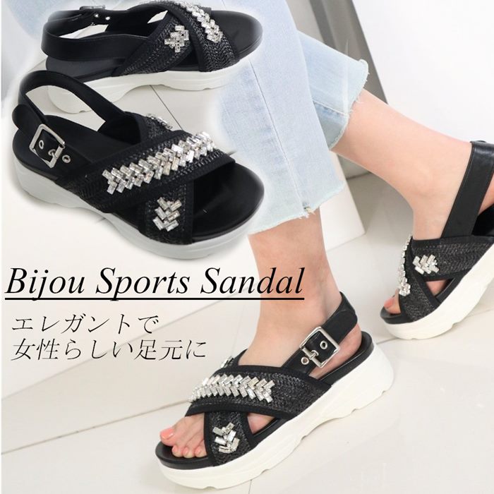 厚底サンダル 黒 ラインストーン レディース スポーツサンダル 厚底 5cm フラット サンダル メッシュ 歩きやすい ストラップ ビジュー ブラック きれいめ