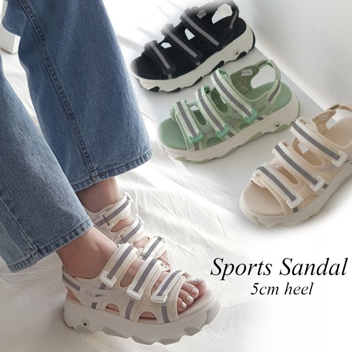 Sports Sandal - スポーツサンダル レディース 厚底サンダル サンダル ウェッジ 厚底 5cm ストラップ ベルクロ コンフォートカジュアル シンプル 黒 ブラック ベージュ グリーン