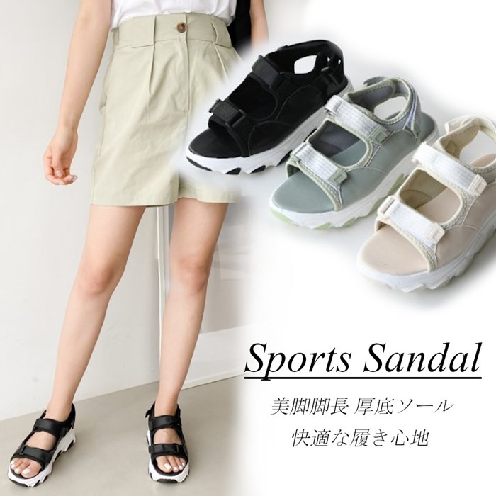 樂天商城 - スポーツサンダル レディース 厚底サンダル サンダル ウェッジ 厚底 ストラップ ベルクロ コンフォートカジュアル シンプル 黒 ブラック 白 ホワイト グリーン