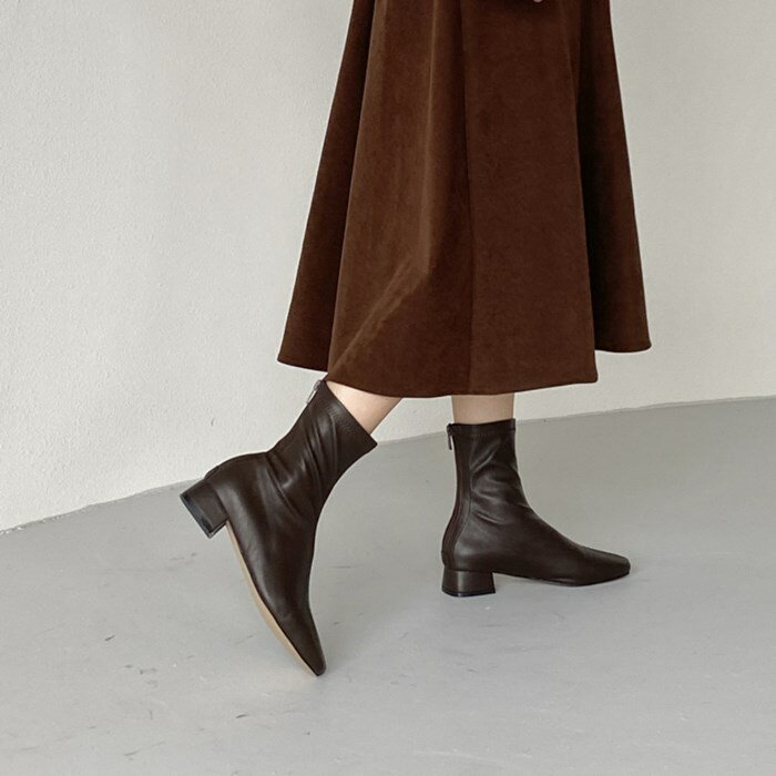 ショートブーツ レディース ブーツ ローヒール 3cm スクエアトゥ フィットブーツ ストレッチ ショート 黒 ブラック アイボリー ブラウン ベージュ