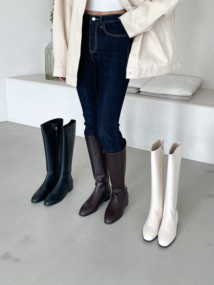 ロングブーツ ローヒール 2cm スクエアトゥ 黒 ブラック ブラウン アイボリー レディース ブーツ ロン..