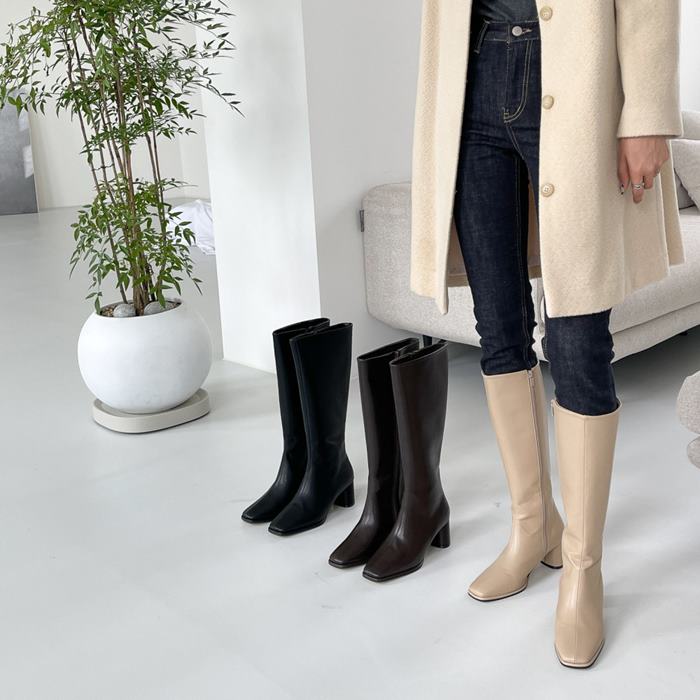ロングブーツ レディース ブーツ ロング 太めヒール 6cm チャンキーヒール スクエアトゥ 黒 ブラック ブラウン ベージュ ストレート
