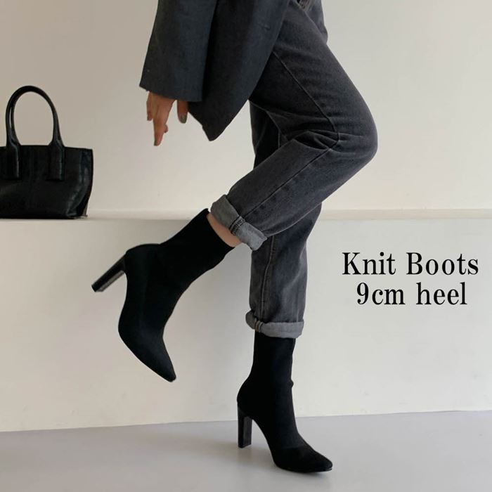 柔らか ニット ショートブーツ レディース ブーツ ショート スクエアトゥ 9cm 太めヒール 伸縮 ストレッチ フィットブーツ ニットブーツ 黒 ブラック
