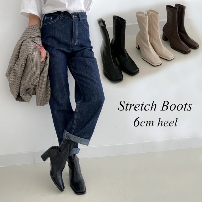 ストレッチブーツ スクエアトゥ レディース ショートブーツ 太めヒール 6cm チャンキーヒール フィット..