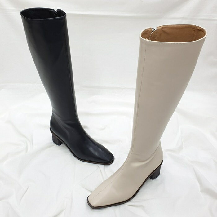 ロングブーツ レディース ブーツ ロング 太めヒール 6.5cm チャンキーヒール スクエアトゥ 黒 ブラック アイボリー ホワイト PU エコレザー きれいめ シンプル