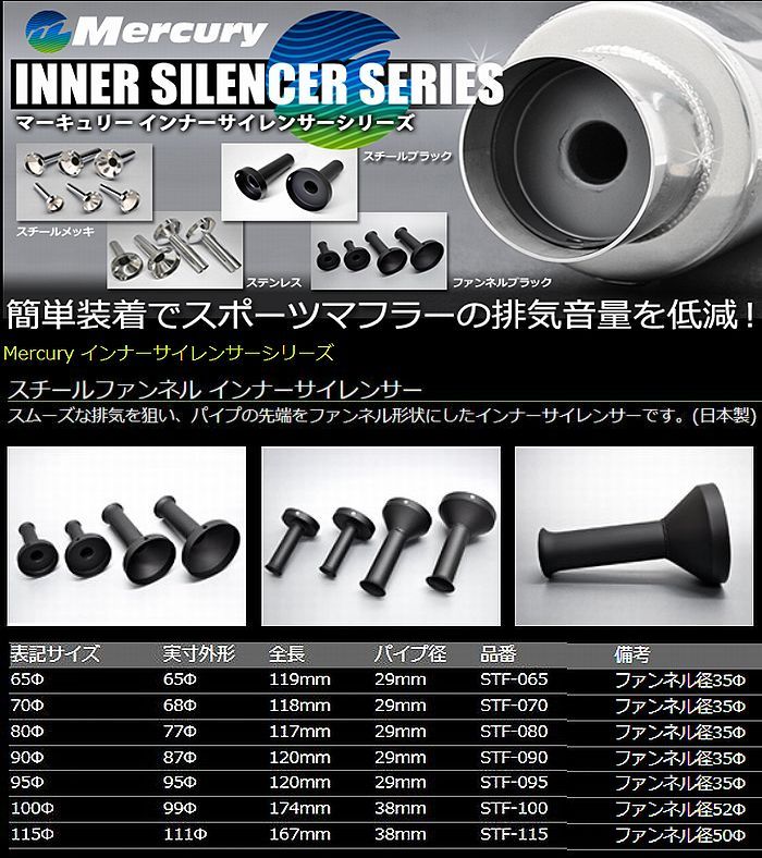 スポーツマフラー用汎用Mercuryマーキュリースチールファンネルブラックインナーサイレンサー※マフラー..