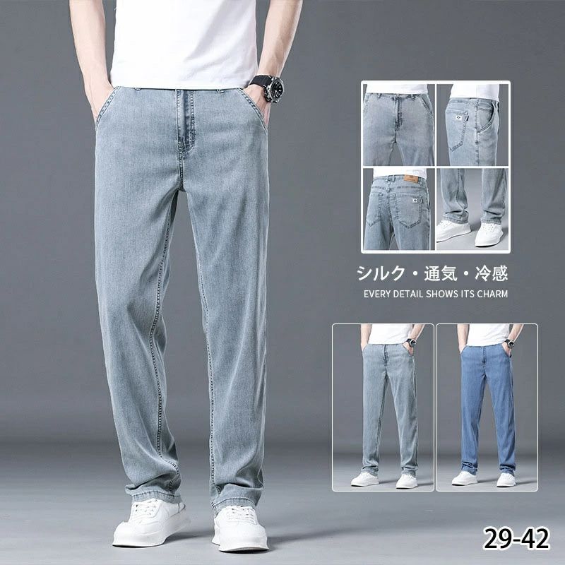 樂天商城 - デニムパンツ ジーンズ ストレート ストレッチ 涼しい 冷感 メンズ ジーパン レギュラー ジーンズ 大きいサイズ ゆるパン 無地 カジュアルリラックス カッコイイ
