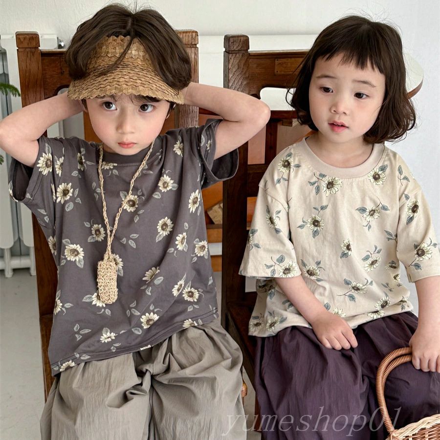 夏の新しいしい子供の花のプリントート半袖tシャツ男女の赤ちゃんのぷっくりとした洋?半袖