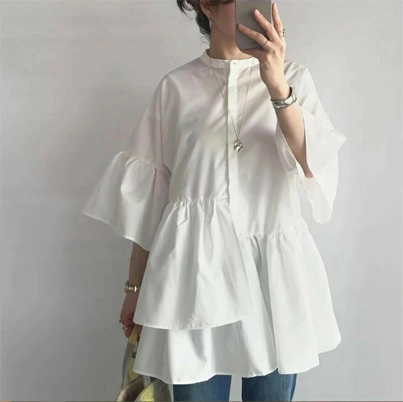 バンドカ 体型カバー シワになりにくい 5分袖 秋 夏 春 トップス レディース チュニックブラウス シャツ ペプラム フリル