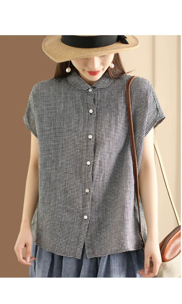 Rakuten - ナチュラル 無地 チェック 綿麻風 半袖 トップス 夏 フレンチスリーブ シャツ レディース