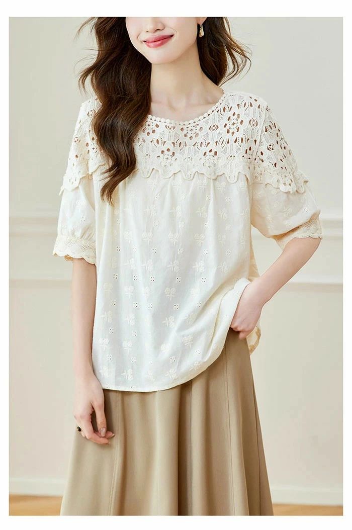 Rakuten - ブラウス レディース Tシャツ カットソー チュニック コットン ロングTシャツ コットンtシャツ トップス プルオーバー 半袖 五分袖 綿 ゆったり レース 無地 透け感 透かし編み 刺繍 切り替え 夏 大人可愛い 大きいサイズ ゆったり 体型カバー 森ガール 送料無料