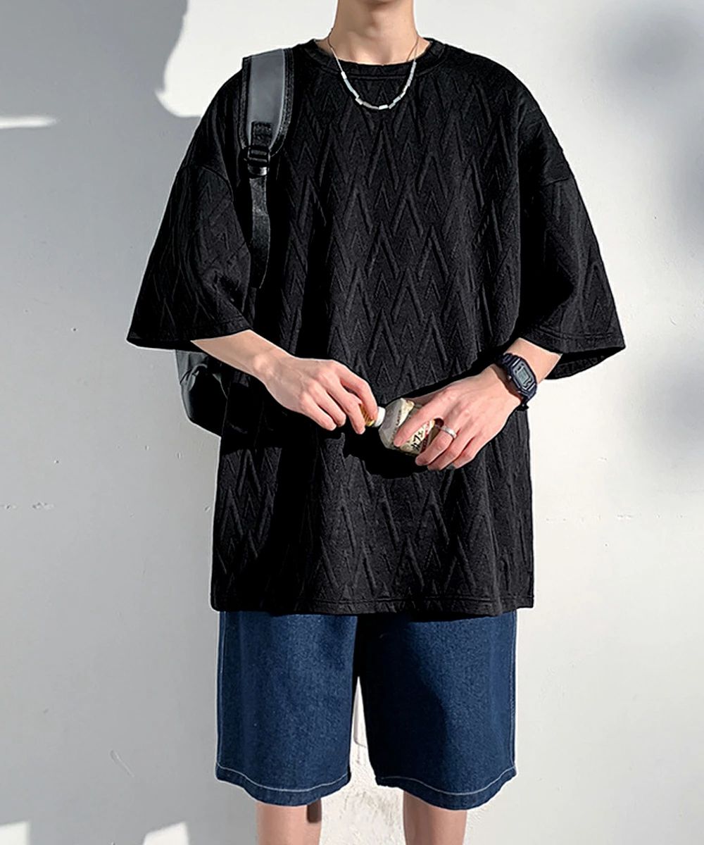 クルーネッ 夏サマー カットソー 無地 かっこいい お酒落 ドロップショルダーtシャツ エンボスロゴ 大人