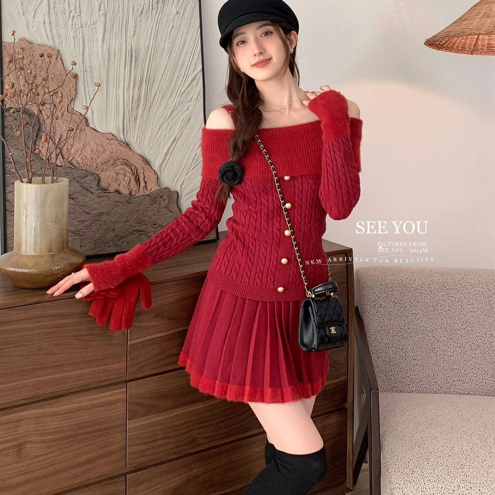 気質のあるワンショルダーセーター プリーツスカート 新しいクリスマス 年越しセット レディース スカート プリーツスカート フレア ミニスカート カジュアル きれい タックスカート 一字肩セーター 肩出しセーター ショルダーカット 長袖 ニットセット 秋冬 通勤 通学 日常