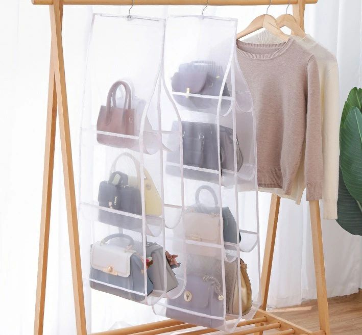 バッグ収納 ハンガー式 吊り下げ 4段 両面 かばん収納 バッグホルダー 折りたたみ可 フック メッシュ ..