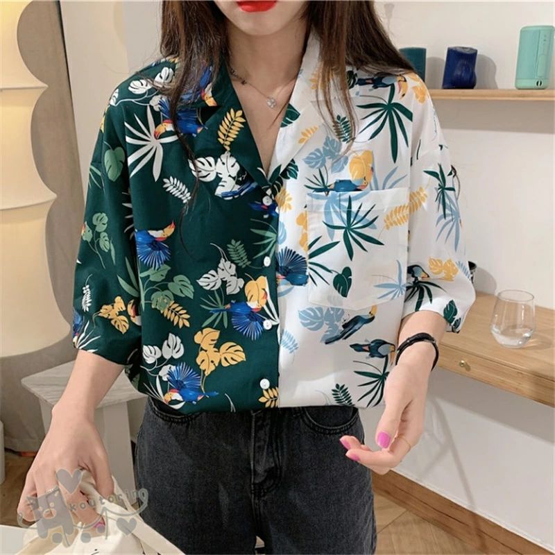 樂天商城 - 即納 アロハシャツ レディース トップス 夏 シャツ 花柄 半袖 ボタニカル柄 バイカラーシャツ トップス ダンス 衣装 ヒップホップ コスチューム 開襟 浜辺 韓国ファッション 個性的 服 原宿系 送料無料 即納