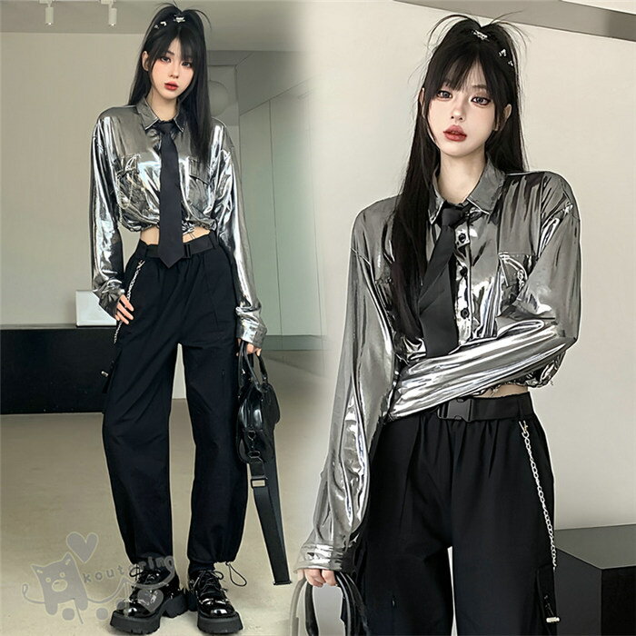 乐天商城 - レディース ダンス衣装 セットアップ 大人ヒップホップ 韓国 k-pop シルバー トップス ステージ衣装 チアガール 衣装 上下 へそ出し イベント 応援団 JAZZ おしゃれ 演出服 送料無料