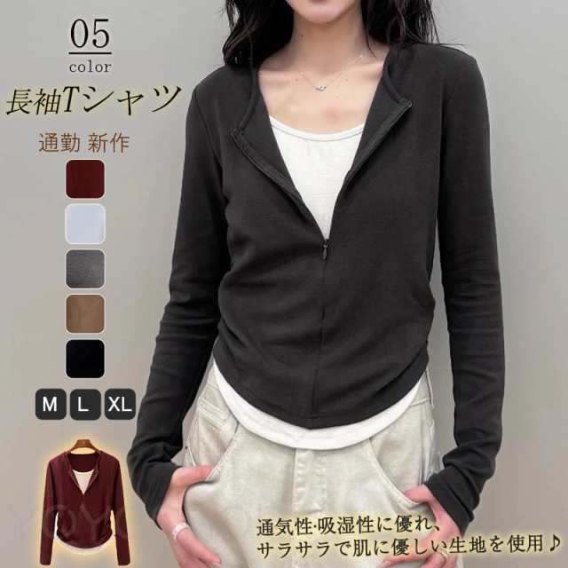 レディース 長袖 トップス tシャツ カットソー 重ね着 クルーネック フェイクレイヤード カジュアル おしゃれ 着痩せ