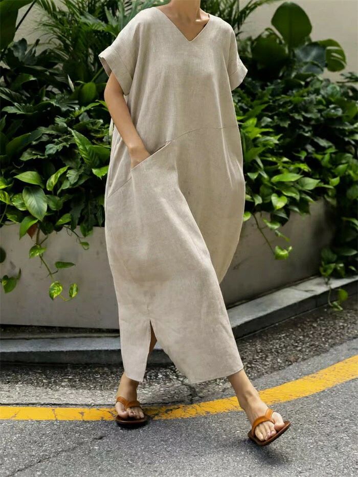Rakuten - 綿麻調 レディース 半袖 Vネック ロング ワンピース 無地 春 夏 スリット 大きいサイズ ミモレ丈 ロング丈 ゆったり ワンピ 体型カバー カジュアル 大人 可愛い ゆるシルエット ガーリー 森ガール 送料無料