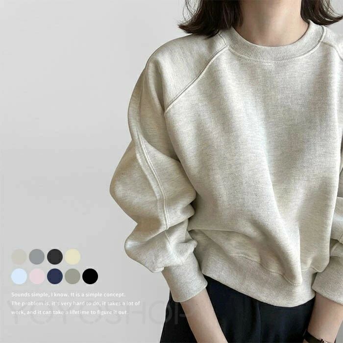 Rakuten - スウェット レディース 長袖 春 秋 冬 コットン 無地 暖かい 綿 ラウンドネック ショート丈 大きいサイズ きれいめ プルオーバー カットソー トップス リラックス シンプル 重ね着 カジュアル 着痩せ ゆったり 送料無料 紺色 ネイビー グレー 20代 30代 40代