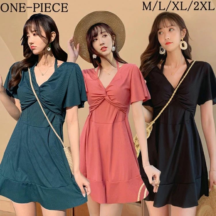 レディース ワンピース セクシー ハイレグ 体型カバー 大きいサイズ ぽっちゃり 20代 30代 40代 ママ水着 無地 カシュクール バッククロス フレアワンピース バスト 盛れる 可愛い お腹 太ももカバー出来る ショートパンツ一体型 露出控えめ 黒/緑/赤 YOYO