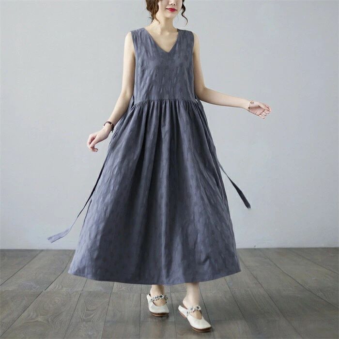 Rakuten - ノースリーブ ネック リネンワンピース ロング ワンピース ワンピース マキシワンピース レディース 夏 マキシ丈 ライン ゆったり 体型カバー 大きいサイズ シンプル おしゃれ きれいめ 母の日 リボン付き 送料無料