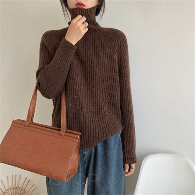 レディース タートルネック リブニット ニット 長袖 ハイネック ビッグシルエット プルオーバー ゆったり 無地