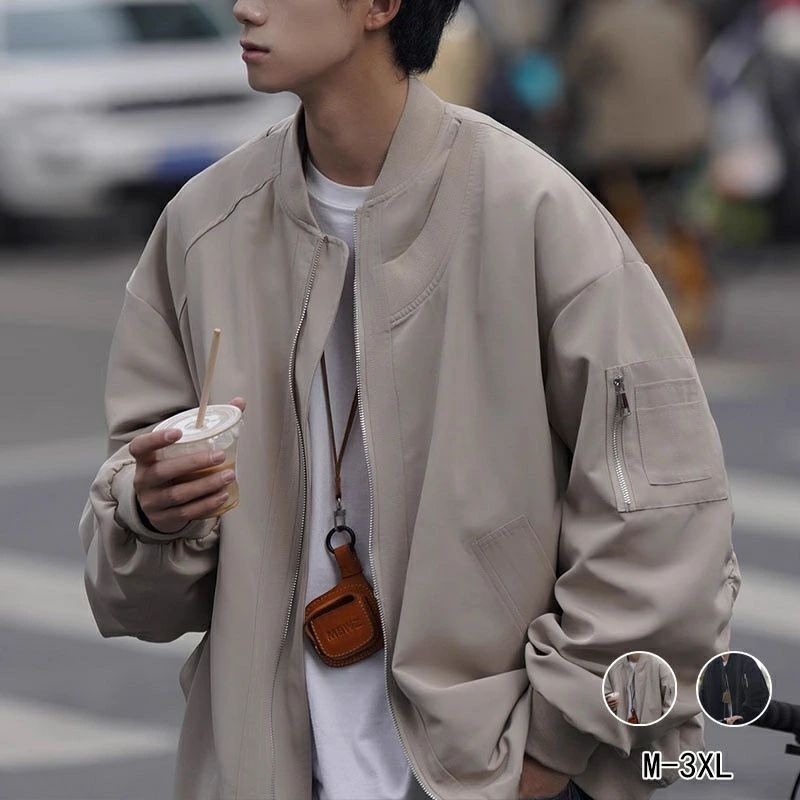 Rakuten - ミリタリージャケット メンズ トラックジャケット フライトジャケット 春物 秋物 立ち襟 ブルゾン ジャンパー ジップアップ 薄手 スタンドカラー 無地 ブラック グレー 春コーデ 送料無料