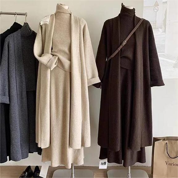 レディース 3点セット セットアップ 秋冬コーデ ニットカーディガン スーツ ロング丈 ベスト 韓国風 無地 ニット 暖かい スカートスーツ 重ね着 ノースリーブ