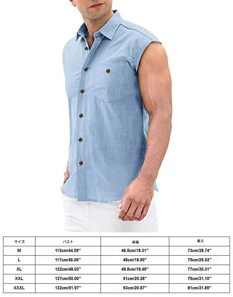 快適 トップス 夏 メンズ 無地 春 ポケット 綿麻シャツ 無袖 シャツ メンズファッション 涼しい