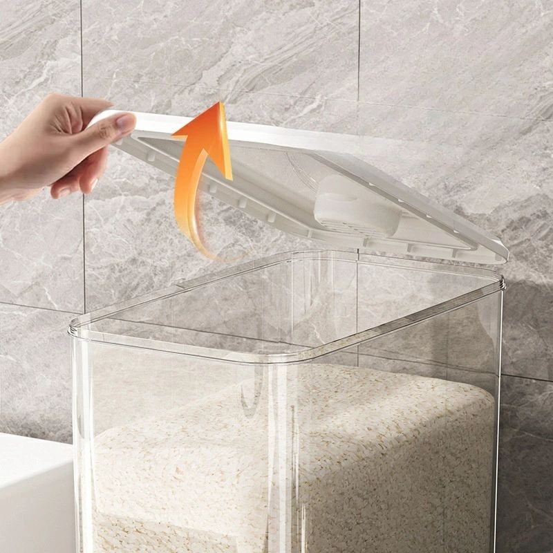 家庭用透明米貯蔵バレル、プッシュ式自動米貯蔵バレル、密閉防湿米箱、キッチンプッシュ式穀物貯蔵バレル、ワンボタンプレス米を取る、密閉防湿、防虫、防カビ設計、透明に見える穀物、大容量貯蔵、厚くなった耐圧バレル本体