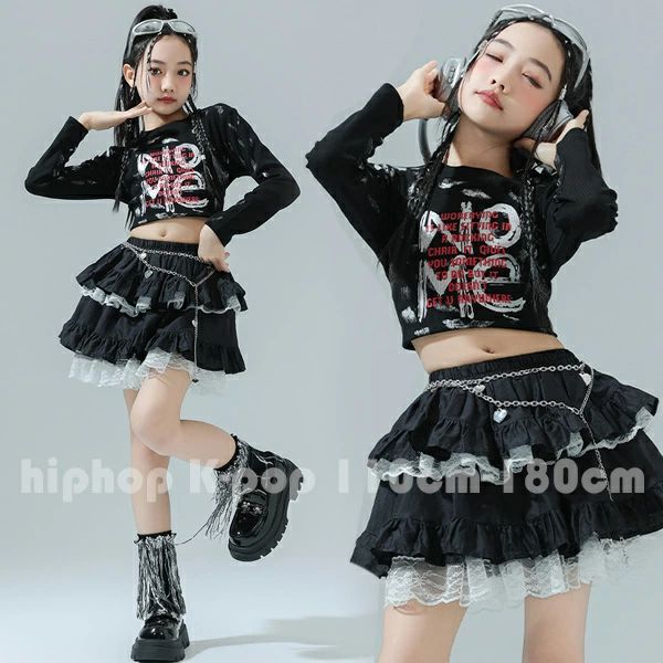 Top & Bottom Sets - スカート K-pop 女の子 キッズ ファッション おしゃれ ステージ衣装 トップス 応援団 jazz Tシャツ 黒スカート 個性プリント ダンスウェア ダンス衣装 セットアップ 運動会 110-180 演出服 舞台 hiphop 上下セット へそ出し 団体服 黒Tシャツ 長袖 原宿系 クラス活動