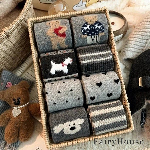 ストライプ/ 保温/ 日本風デザイン フリース裏起毛/ 秋冬 レディース グレー/ かわいい 中編みソックス/(4)