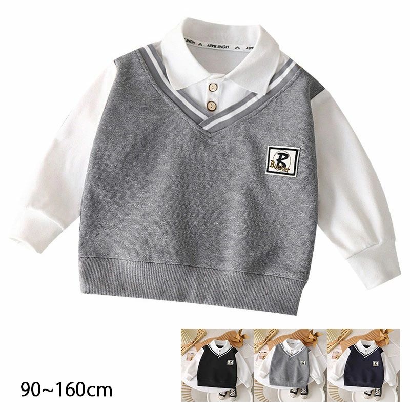 T-Shirts （Short Sleeve） - 子供服 フェイクレイヤード お出かけ 学生 通学 入学式 カジュアル 90-160cm ギフト キッズ 偽二枚 男の子 長袖 ジュニア 卒業式 ファッション カットソー 衣装 トップス 子供 快適 ゆったり 上着 シャツネック おしゃれ ウエア 透気 誕生日 プレゼント 男児 通園